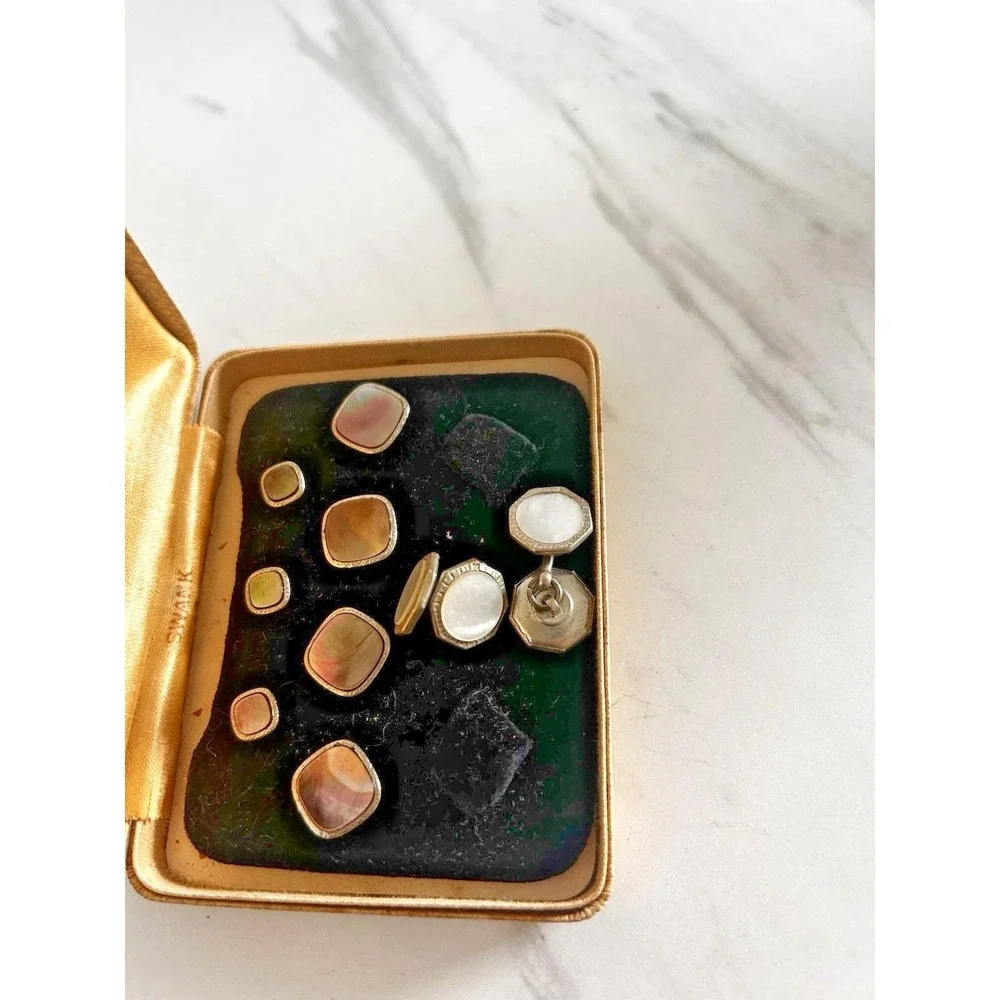 Vintage Krementz Art Deco Cufflink Tuxedo Set Formal Wear Mother of Pearl 1920s